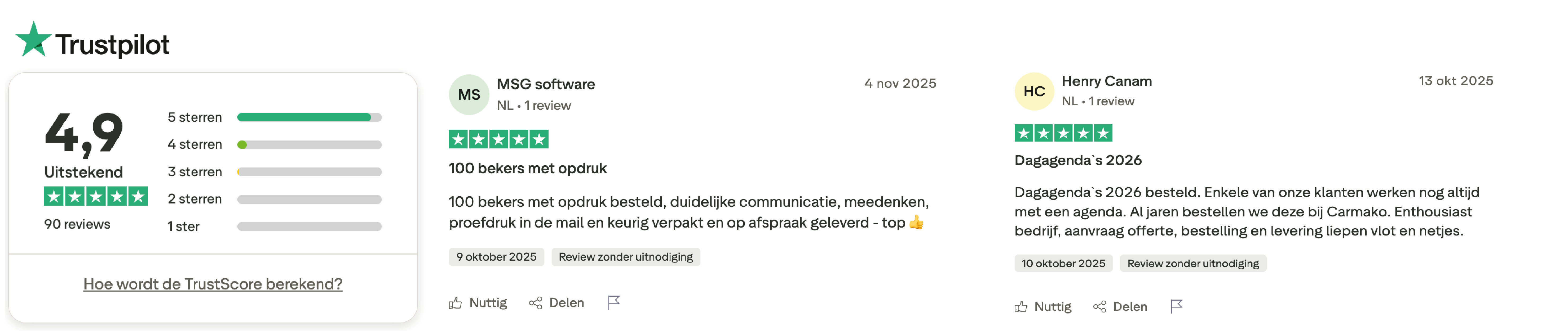 Trustpilot review Carmako Relatiegeschenken